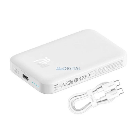 BASEUS MAGNETIC MINI vésztöltő Type-C aljzat (6000mAh, 20W, PD gyorstöltő, wireless, MagSafe + Type-C kábel) FEHÉR