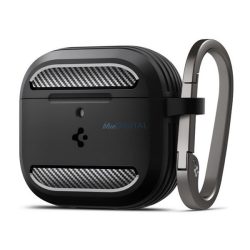   SPIGEN RUGGED ARMOR szilikon tok (ütésállóság, karabíner, karbon minta) FEKETE Apple AirPods 4