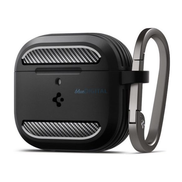 SPIGEN RUGGED ARMOR szilikon tok (ütésállóság, karabíner, karbon minta) FEKETE Apple AirPods 4