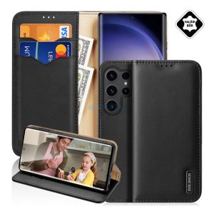 DUX DUCIS HIVO tok álló, valódi bőr (FLIP, oldalra nyíló, asztali tartó, kártyazseb, RFID) FEKETE Samsung Galaxy S25 Ultra (SM-S938)