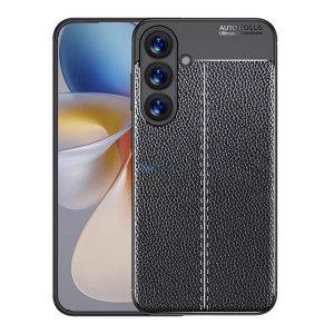 Szilikon telefonvédő (ütésállóság, bőr hatású, varrás minta) FEKETE Samsung Galaxy S25 (SM-S931)