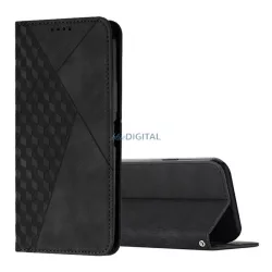   Tok álló, bőr hatású (FLIP, oldalra nyíló, asztali tartó, 3D rombusz, prémium) FEKETE iPhone 16e