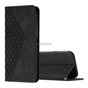 Tok álló, bőr hatású (FLIP, oldalra nyíló, asztali tartó, 3D rombusz, prémium) FEKETE iPhone 16e