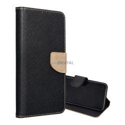  Tok álló, bőr hatású (FLIP, oldalra nyíló, asztali tartó, kártyazseb, textil hatás) FEKETE/ARANY Samsung Galaxy S25 Ultra (SM-S938)