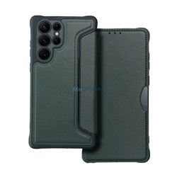   Tok álló, bőr hatású (FLIP, oldalra nyíló, ütésállóság, légpárnás sarok, kameravédő, karbon minta) SÖTÉTZÖLD Samsung Galaxy S25 Ultra (SM-S938)