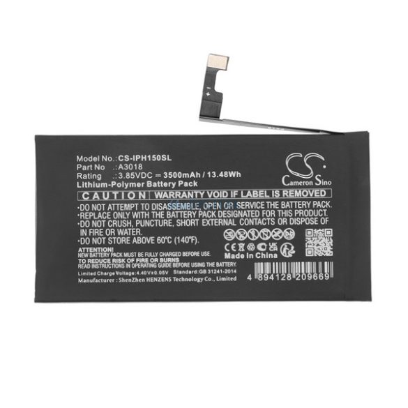 CAMERON SINO Li-Polymer akku (3.85V / 3500mAh, Apple A3018 kompatibilis) FEKETE Apple iPhone 15