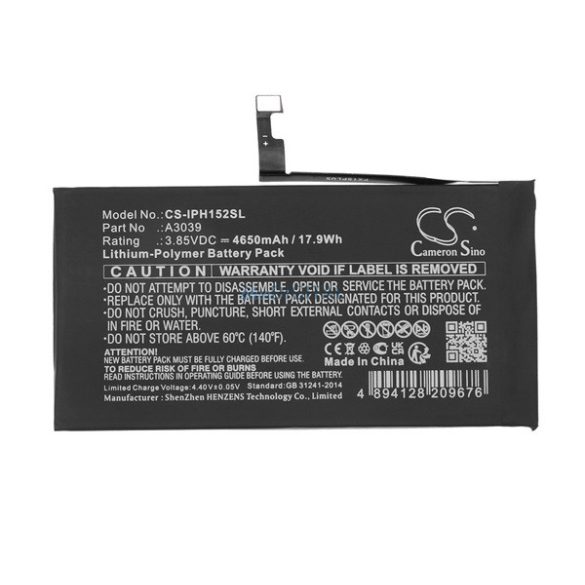CAMERON SINO Li-Polymer akku (3.85V / 4650mAh, Apple A3039 kompatibilis) FEKETE Apple iPhone 15 Plus