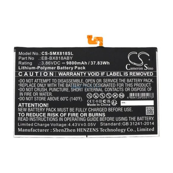 CAMERON SINO Li-Polymer akku (3.86V / 9800mAh, Samsung EB-BX818ABY kompatibilis) FEKETE Samsung Galaxy Tab S9 Plus LTE (SM-X816), Galaxy Tab S9 Plus WIFI (SM-X810)