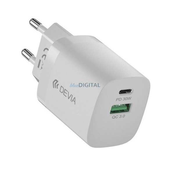 DEVIA SMART hálózati töltő Type-C+USB aljzat (30W, PD gyorstöltő. GaN) FEHÉR