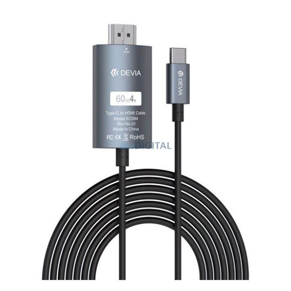 DEVIA STORM adatkábel (Type-C - HDMI, 4K 60Hz, gyorstöltő, 200cm) FEKETE
