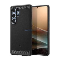   SPIGEN RUGGED ARMOR szilikon telefonvédő (ütésállóság, légpárnás sarok, karbon minta, MagSafe) FEKETE Samsung Galaxy S25 Ultra (SM-S938)
