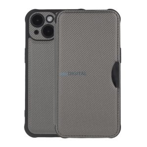 Tok álló, bőr hatású (FLIP, oldalra nyíló, ütésállóság, légpárnás sarok, kameravédő, karbon minta) EZÜST Samsung Galaxy A16 5G (SM-A166), Galaxy A16 4G (SM-A165)