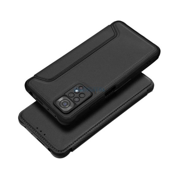 Tok álló, bőr hatású (FLIP, oldalra nyíló, ütésállóság, légpárnás sarok, kameravédő, karbon minta) FEKETE Samsung Galaxy A26 5G (SM-A266)
