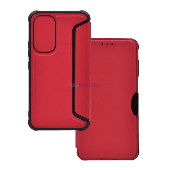 Tok álló, bőr hatású (FLIP, oldalra nyíló, ütésállóság, légpárnás sarok, kameravédő, karbon minta) PIROS Samsung Galaxy A36 5G (SM-A366)