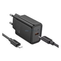  HOCO N60 hálózati töltő Type-C aljzat (20W, PD gyorstöltő 3.0 + lightning kábel) FEKETE