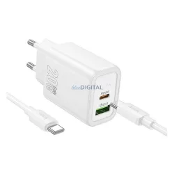   HOCO N61 hálózati töltő USB+Type-C aljzat (20W, PD gyorstöltő 3.0 + Type-C kábel) FEHÉR