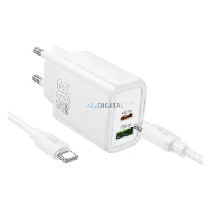 HOCO N61 hálózati töltő USB+Type-C aljzat (20W, PD gyorstöltő 3.0 + Type-C kábel) FEHÉR