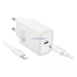   HOCO N62 hálózati töltő Type-C aljzat (30W, PD gyorstöltő 3.0 + lightning kábel) FEHÉR