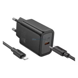   HOCO N62 hálózati töltő Type-C aljzat (30W, PD gyorstöltő 3.0 + lightning kábel) FEKETE