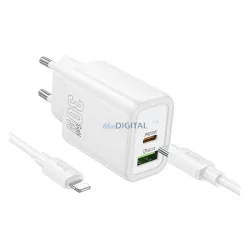   HOCO N63 hálózati töltő USB+Type-C aljzat (30W, PD gyorstöltő 3.0 + lightning kábel) FEHÉR