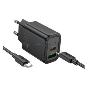 HOCO N63 hálózati töltő USB+Type-C aljzat (30W, PD gyorstöltő 3.0 + Type-C kábel) FEKETE