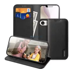  DUX DUCIS HIVO tok álló, valódi bőr (FLIP, oldalra nyíló, asztali tartó, kártyazseb, RFID) FEKETE Apple iPhone 16e