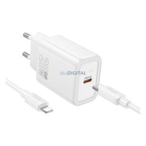 HOCO N60 hálózati töltő Type-C aljzat (20W, PD gyorstöltő 3.0 + lightning kábel) FEHÉR