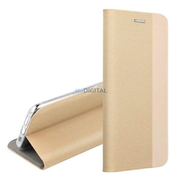 Tok álló, bőr hatású (FLIP, oldalra nyíló, asztali tartó, textil minta) ARANY Apple iPhone 16e