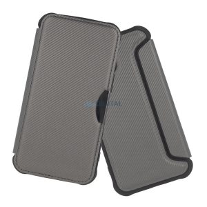 Tok álló, bőr hatású (FLIP, oldalra nyíló, ütésállóság, légpárnás sarok, kameravédő, karbon minta) EZÜST Samsung Galaxy A36 5G (SM-A366)