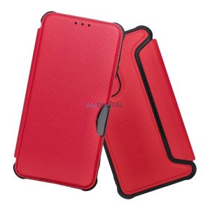 Tok álló, bőr hatású (FLIP, oldalra nyíló, ütésállóság, légpárnás sarok, kameravédő, karbon minta) PIROS Apple iPhone 16e