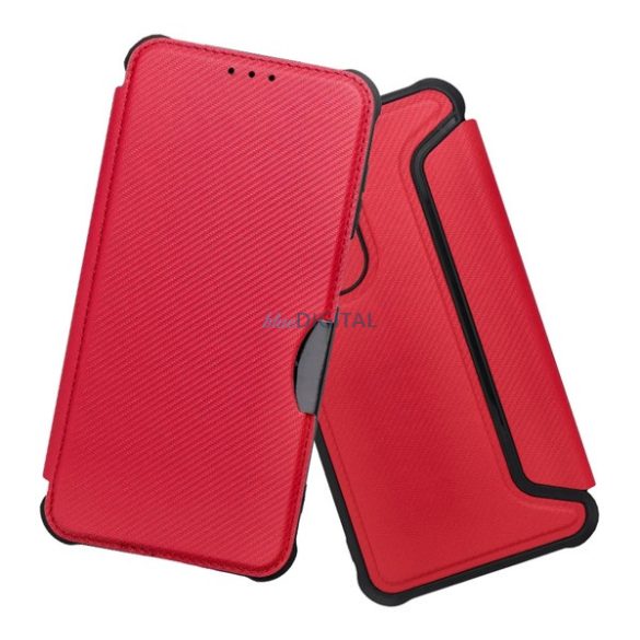 Tok álló, bőr hatású (FLIP, oldalra nyíló, ütésállóság, légpárnás sarok, kameravédő, karbon minta) PIROS Apple iPhone 16e