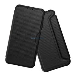   Tok álló, bőr hatású (FLIP, oldalra nyíló, ütésállóság, légpárnás sarok, kameravédő, karbon minta) FEKETE Xiaomi Redmi Note 14 Pro 4G