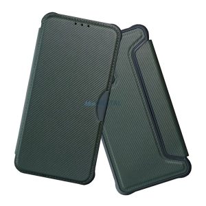 Tok álló, bőr hatású (FLIP, oldalra nyíló, ütésállóság, légpárnás sarok, kameravédő, karbon minta) SÖTÉTZÖLD Xiaomi Redmi Note 14 Pro 4G