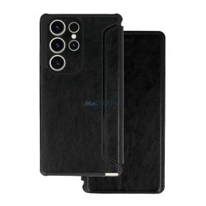 Tok álló, bőr hatású (FLIP, oldalra nyíló, ütésállóság, légpárnás sarok, kameravédő) FEKETE Samsung Galaxy S25 Ultra (SM-S938)