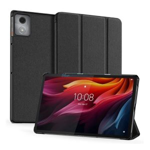 DUX DUCIS DOMO tok álló, bőr hatású (aktív FLIP, oldalra nyíló, TRIFOLD, asztali tartó, textil minta) FEKETE Lenovo Tab K11 Plus (TB352)