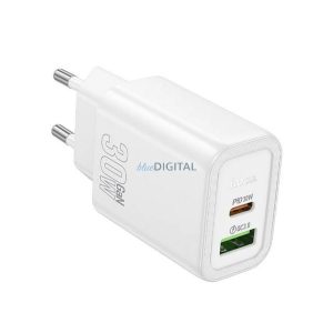 HOCO N63 hálózati töltő USB+Type-C aljzat (30W, 3A, PD gyorstöltő 3.0) FEHÉR
