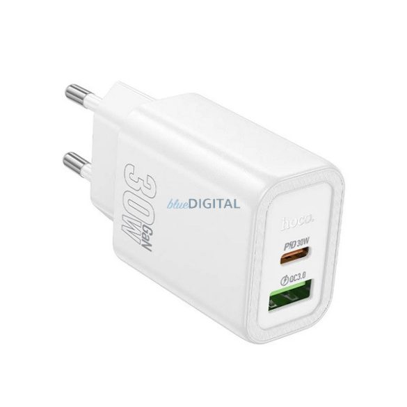 HOCO N63 hálózati töltő USB+Type-C aljzat (30W, 3A, PD gyorstöltő 3.0) FEHÉR