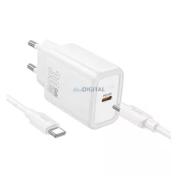   HOCO N62 hálózati töltő Type-C aljzat (30W, PD gyorstöltő 3.0 + Type-C kábel) FEHÉR