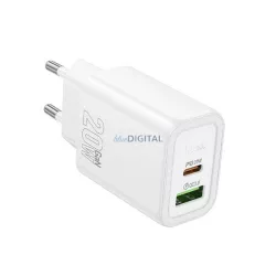   HOCO N61 hálózati töltő USB+Type-C aljzat (20W, PD gyorstöltő 3.0) FEHÉR
