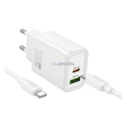   HOCO N63 hálózati töltő USB+Type-C aljzat (30W, PD gyorstöltő 3.0 + Type-C kábel) FEHÉR
