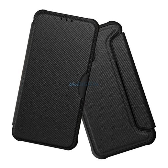 Tok álló, bőr hatású (FLIP, oldalra nyíló, ütésállóság, légpárnás sarok, kameravédő, karbon minta) FEKETE Xiaomi Redmi Note 14 4G