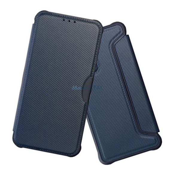 Tok álló, bőr hatású (FLIP, oldalra nyíló, ütésállóság, légpárnás sarok, kameravédő, karbon minta) SÖTÉTKÉK Xiaomi Redmi Note 14 4G