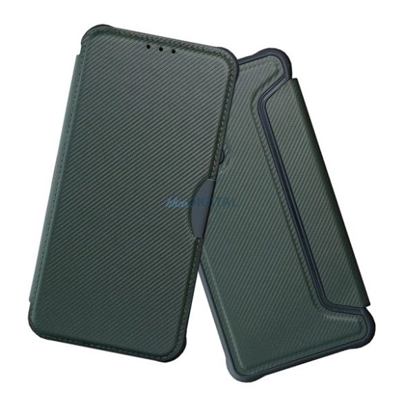 Tok álló, bőr hatású (FLIP, oldalra nyíló, ütésállóság, légpárnás sarok, kameravédő, karbon minta) SÖTÉTZÖLD Xiaomi Redmi Note 14 4G