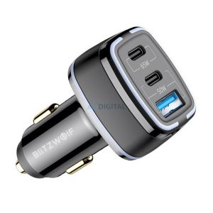 BLITZWOLF BW-BC4 autós töltő USB+2 Type-C aljzat (115W, PD gyorstöltő 3.0) FEKETE