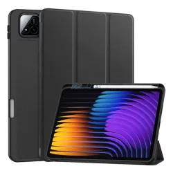  Tok álló, bőr hatású (aktív FLIP, oldalra nyíló, TRIFOLD, asztali tartó, ceruza tartó) FEKETE Xiaomi Pad 7 Pro, Pad 7