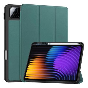 Tok álló, bőr hatású (aktív FLIP, oldalra nyíló, TRIFOLD, asztali tartó, ceruza tartó) SÖTÉTZÖLD Xiaomi Pad 7 Pro, Pad 7