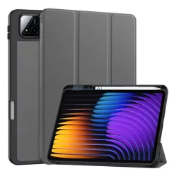   Tok álló, bőr hatású (aktív FLIP, oldalra nyíló, TRIFOLD, asztali tartó, ceruza tartó) SÖTÉTSZÜRKE Xiaomi Pad 7 Pro, Pad 7