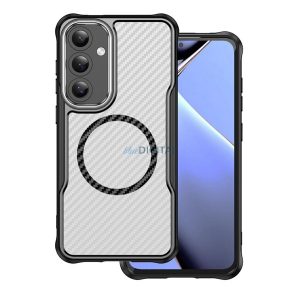 Szilikon telefonvédő (ütésállóság, légpárnás sarok, kameravédő, karbon minta, MagSafe) FEKETE Samsung Galaxy S25 Plus (SM-S936)