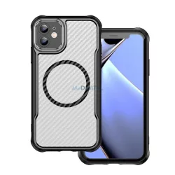   Szilikon telefonvédő (ütésállóság, légpárnás sarok, kameravédő, karbon minta, MagSafe) FEKETE Apple iPhone 12 Pro, iPhone 12