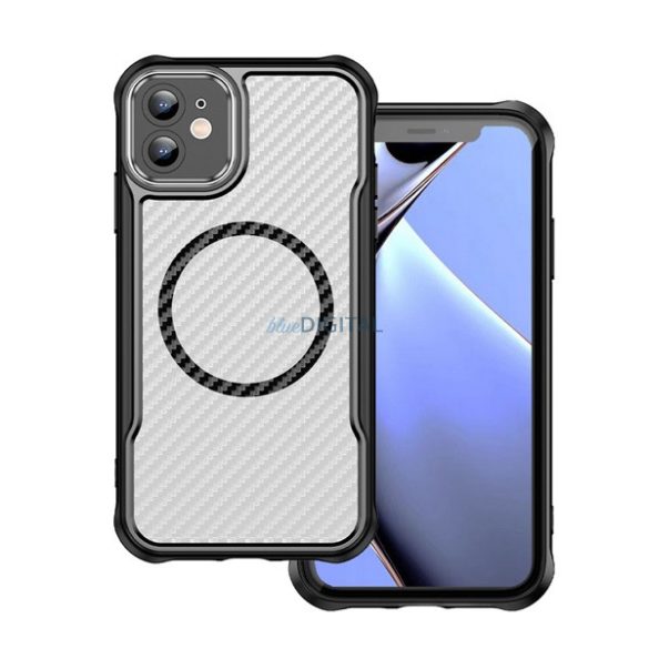 Szilikon telefonvédő (ütésállóság, légpárnás sarok, kameravédő, karbon minta, MagSafe) FEKETE Apple iPhone 12 Pro, iPhone 12